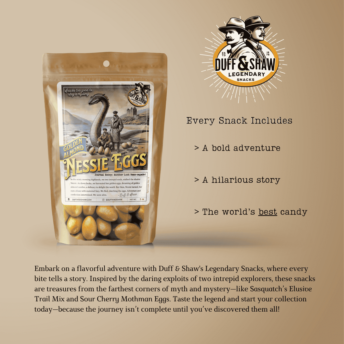 Nessie's Golden Almond Eggs snack product photo, alternate view 8 – Duff & Shaw Legendary Snacks