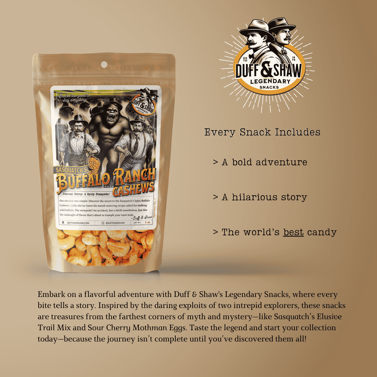 Sasquatch's Buffalo Ranch Cashews snack product photo, alternate view 7 – Duff & Shaw Legendary Snacks