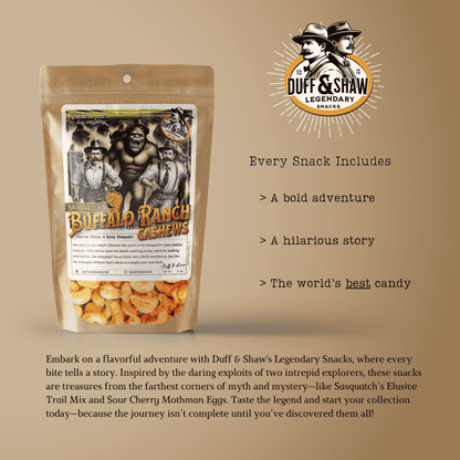 Sasquatch's Buffalo Ranch Cashews snack product photo, alternate view 7 – Duff & Shaw Legendary Snacks