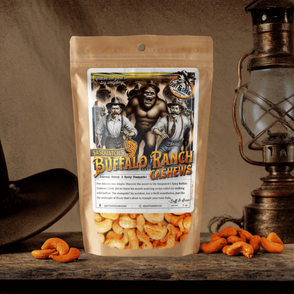 Sasquatch's Buffalo Ranch Cashews snack product photo, alternate view 2 – Duff & Shaw Legendary Snacks