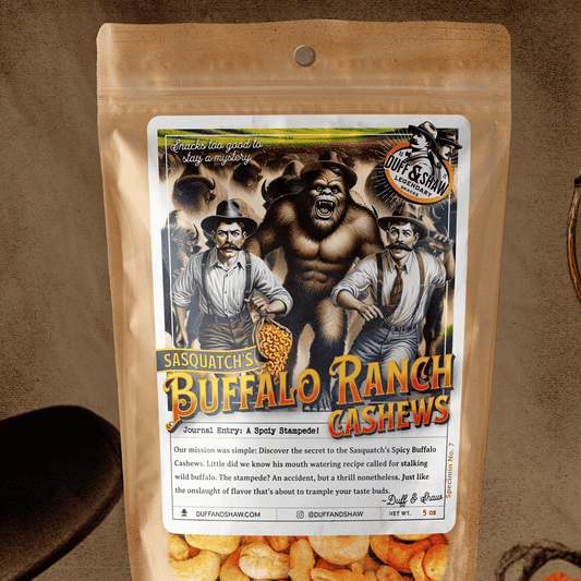 Sasquatch's Buffalo Ranch Cashews snack packaging – Duff & Shaw Legendary Snacks