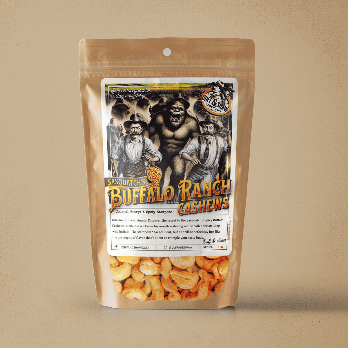Sasquatch's Buffalo Ranch Cashews snack product photo, alternate view 6 – Duff & Shaw Legendary Snacks