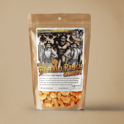 Sasquatch's Buffalo Ranch Cashews snack product photo, alternate view 6 – Duff & Shaw Legendary Snacks
