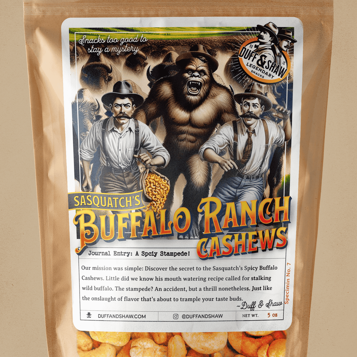 Sasquatch's Buffalo Ranch Cashews snack product photo, alternate view 5 – Duff & Shaw Legendary Snacks