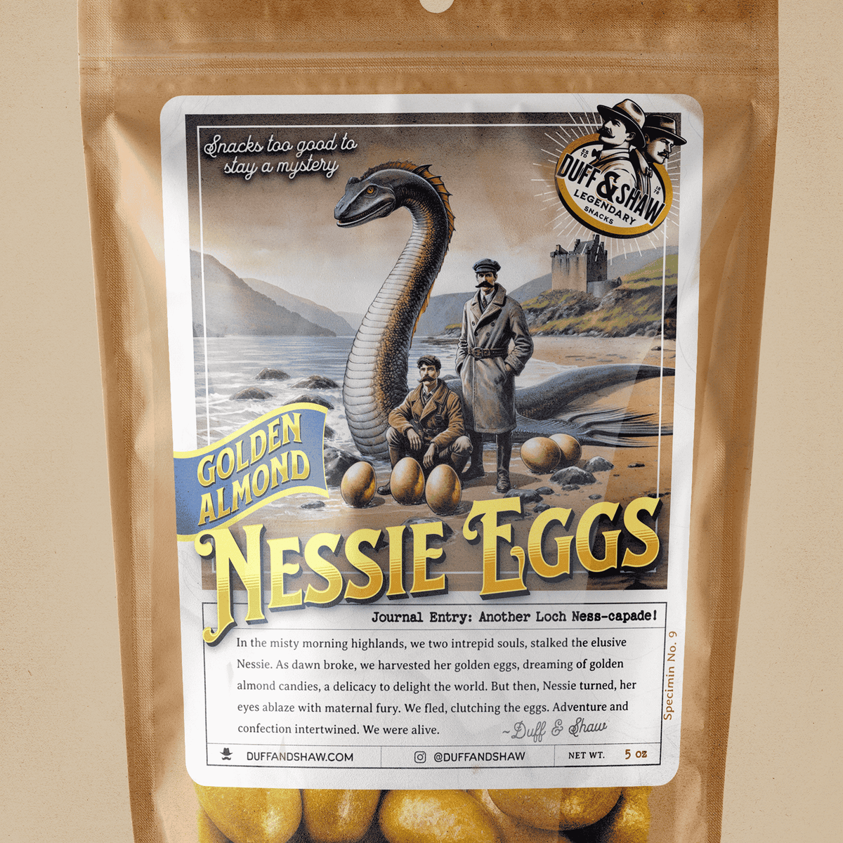 Nessie's Golden Almond Eggs snack product photo, alternate view 5 – Duff & Shaw Legendary Snacks