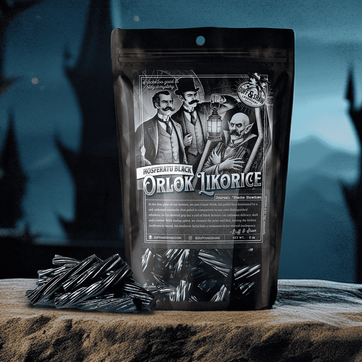 Nosferatu’s Black Licorice candy product photo, alternate view 2 – Duff & Shaw Legendary Snacks