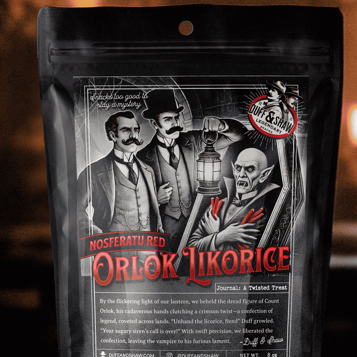 Nosferatu’s Red Licorice candy packaging – Duff & Shaw Legendary Snacks