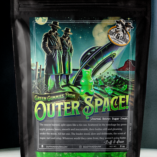 Green Apple Alien Gummies candy packaging – Duff & Shaw Legendary Snacks