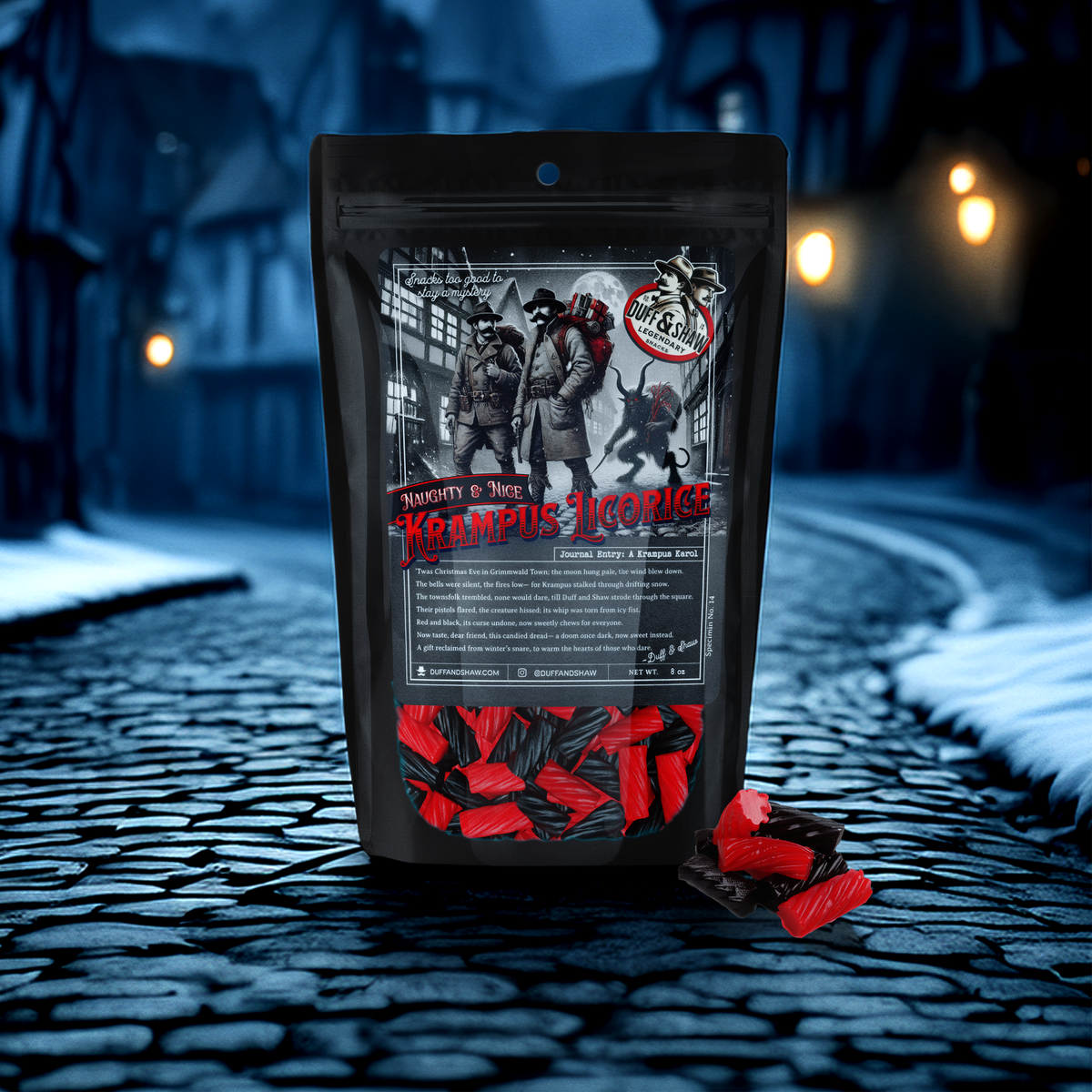 Naughty or Nice Krampus Licorice candy packaging – Duff & Shaw Legendary Snacks