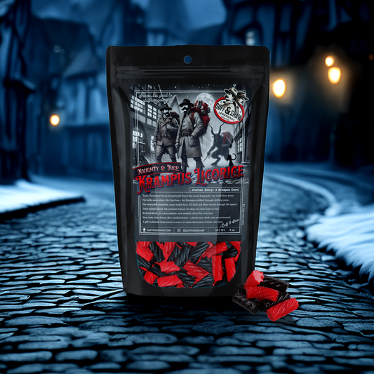 Naughty or Nice Krampus Licorice candy packaging – Duff & Shaw Legendary Snacks