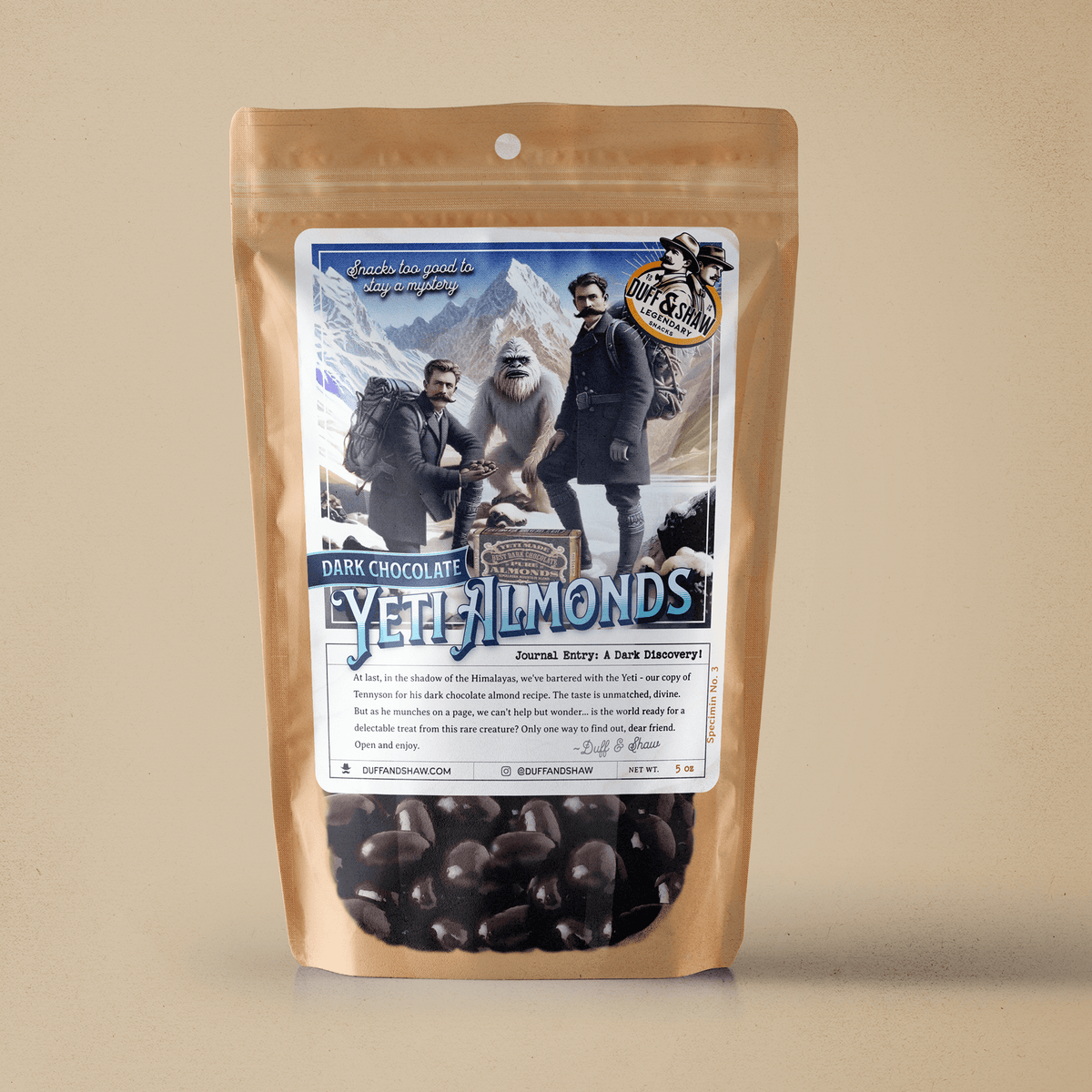 Yeti Almonds - Dark Chocolate lifestyle product photo – Duff & Shaw Legendary Snacks