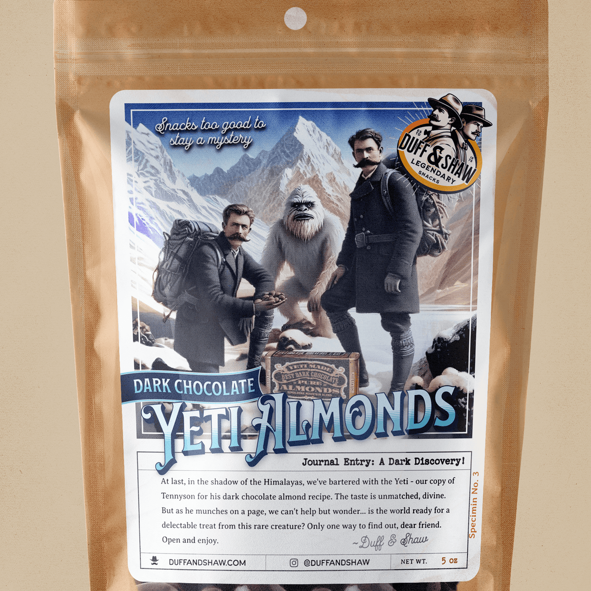 Yeti Almonds - Dark Chocolate lifestyle product photo – Duff & Shaw Legendary Snacks