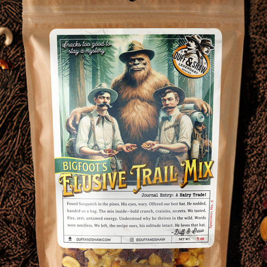 Sasquatch's Elusive Trail Mix snack packaging – Duff & Shaw Legendary Snacks