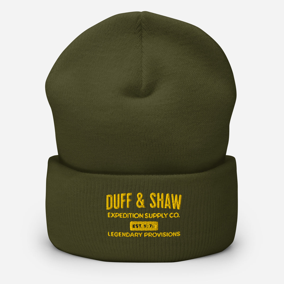 Cuffed Beanie in olive beanie, front view – Duff & Shaw