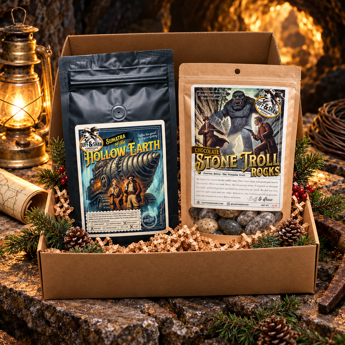 Hollow Earth and Stone Troll Gift Box concept with Sumatra coffee and Chocolate Stone Troll Rocks