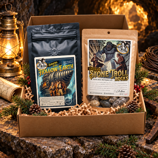 Hollow Earth and Stone Troll Gift Box concept with Sumatra coffee and Chocolate Stone Troll Rocks