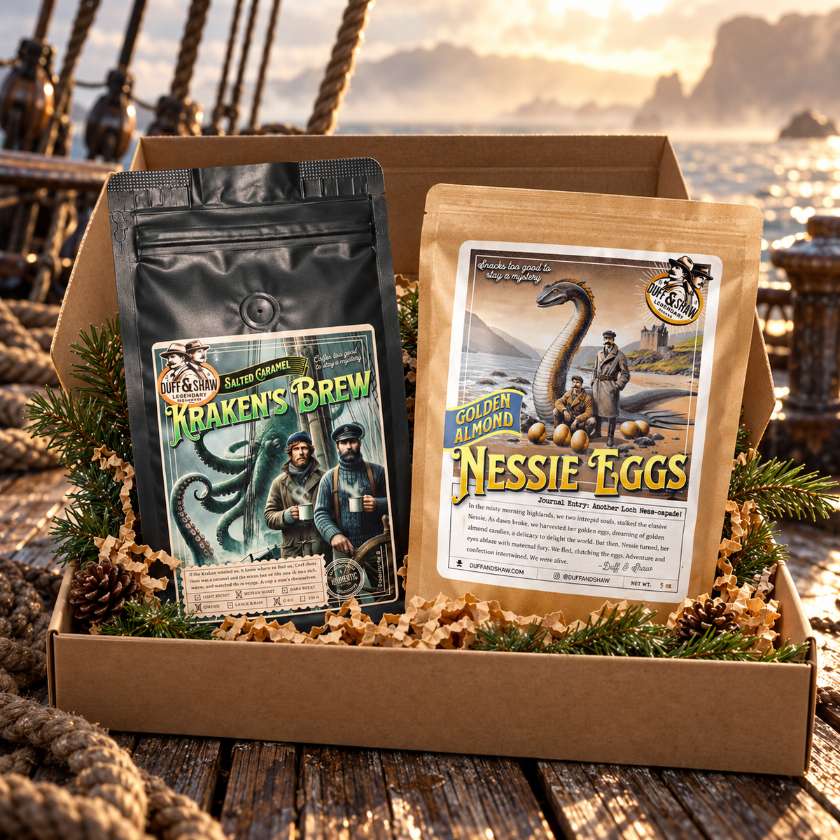 Kraken’s Golden Hoard Gift Box concept with Salted Caramel Kraken’s Brew and Nessie’s Golden Almond Eggs