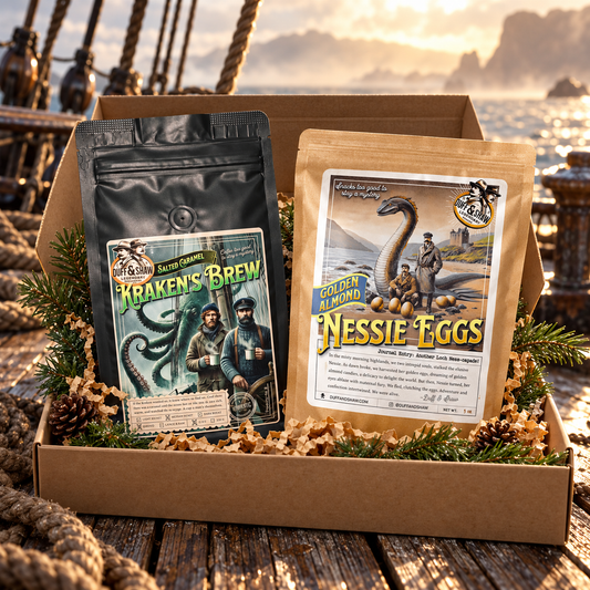 Kraken’s Golden Hoard Gift Box concept with Salted Caramel Kraken’s Brew and Nessie’s Golden Almond Eggs