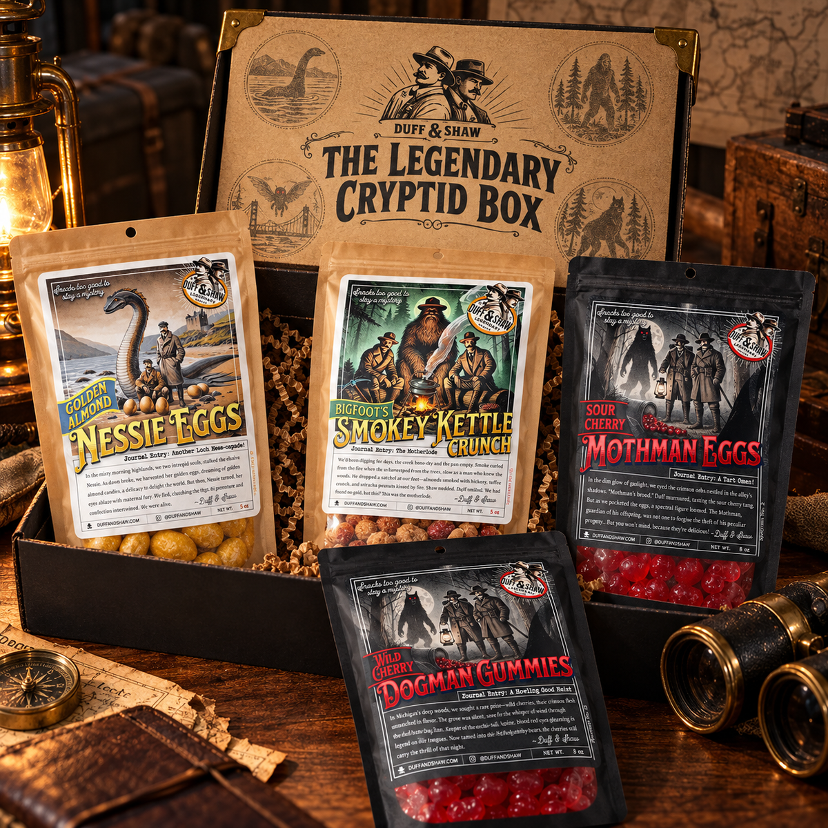 Concept image of The Legendary Cryptid Box with four included Duff & Shaw snack pouches