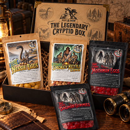 Concept image of The Legendary Cryptid Box with four included Duff & Shaw snack pouches