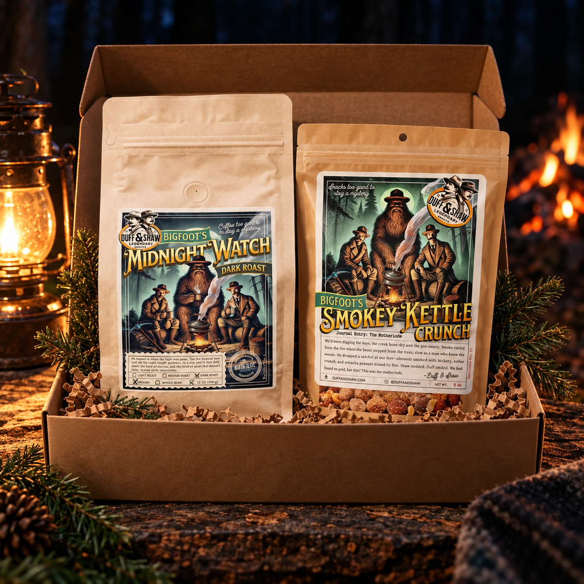 Midnight Campfire Gift Box concept with Bigfoot Midnight Watch coffee and Smokey Kettle Crunch