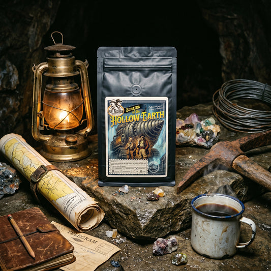 Sumatra of The Hollow Earth dark roast Sumatra coffee bag in a stone cavern setting – Duff & Shaw