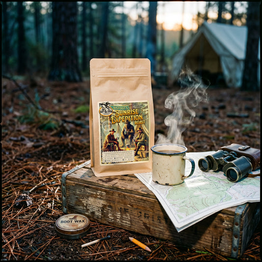 Bigfoot's Sunrise Expedition Roast coffee bag in a rustic expedition setting – Duff & Shaw