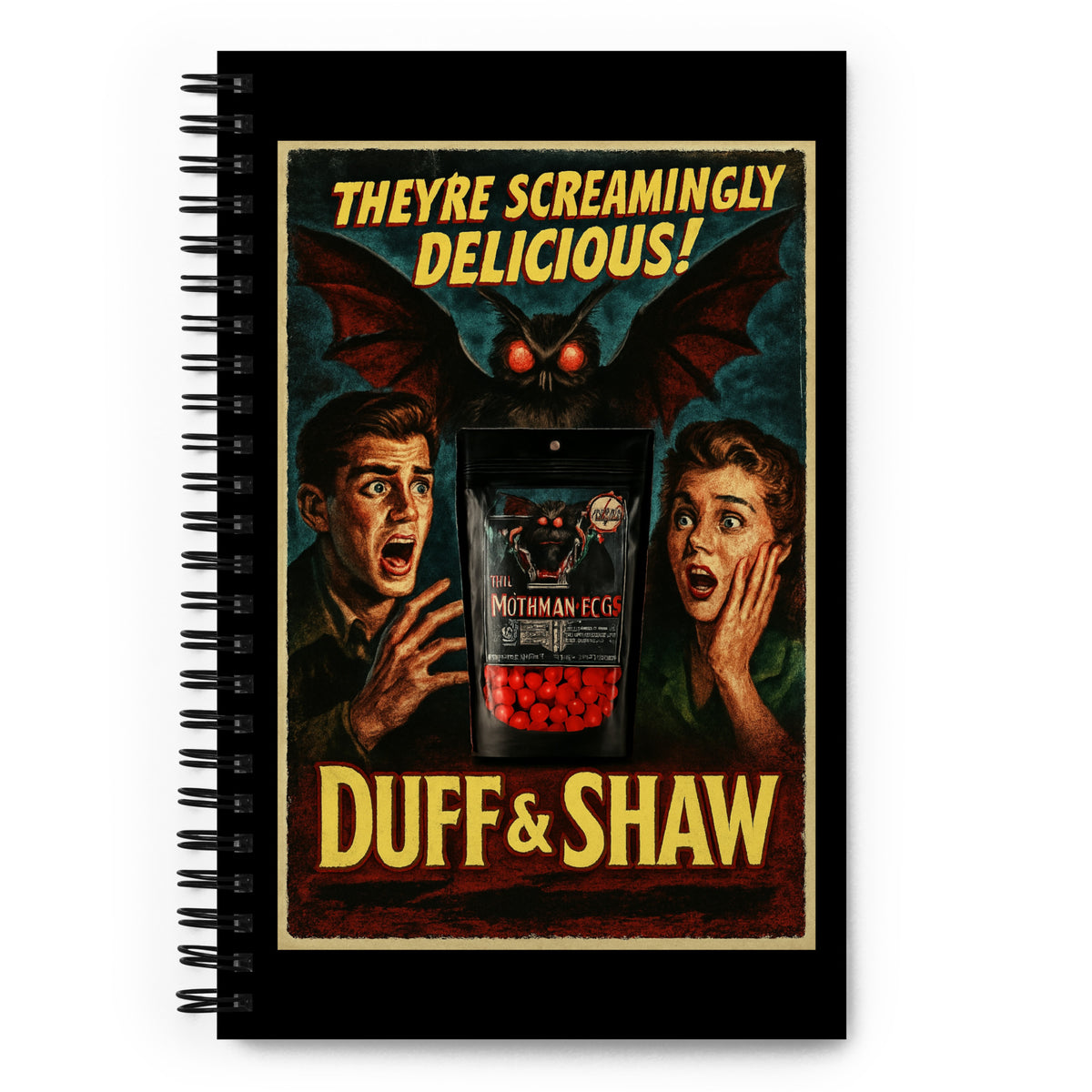 Mothman Spiral Notebook product packaging – Duff & Shaw Legendary Snacks