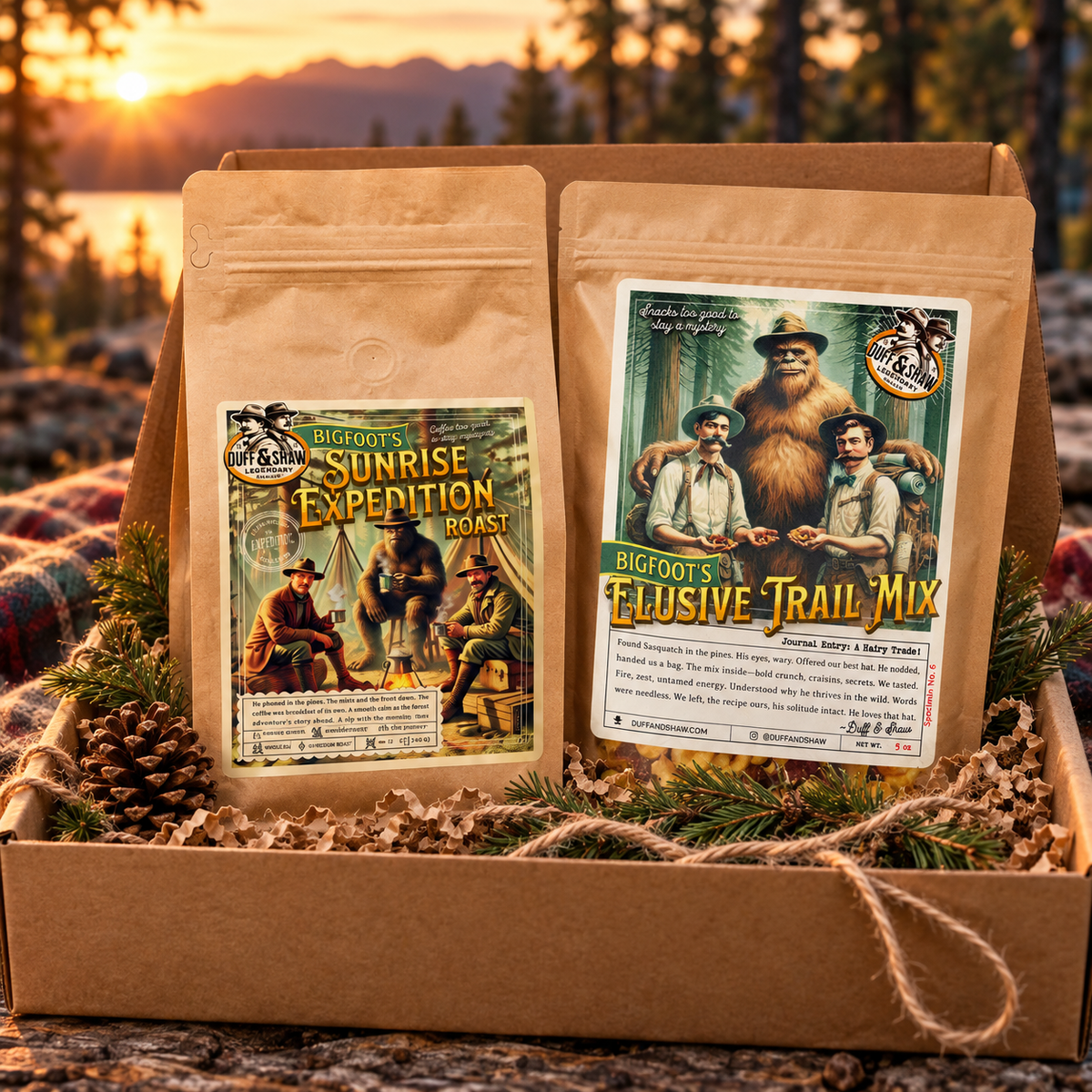 Sunrise Trail Gift Box concept with Bigfoot Sunrise coffee and Sasquatch trail mix