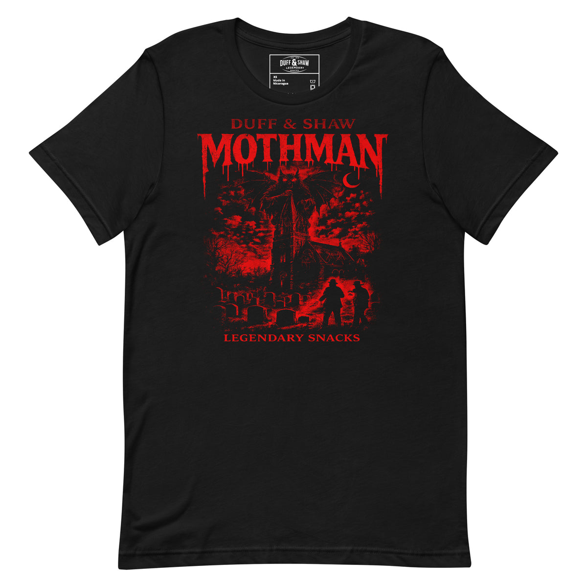 Mothman TShirt in black unisex T-shirt, front view – Duff & Shaw