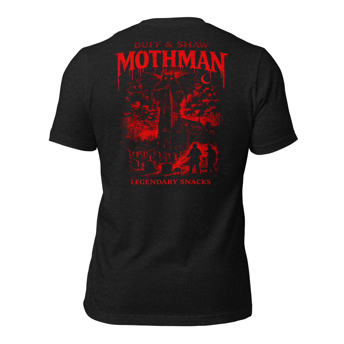 D&S - Mothman Shirt in black heather unisex T-shirt, back view – Duff & Shaw