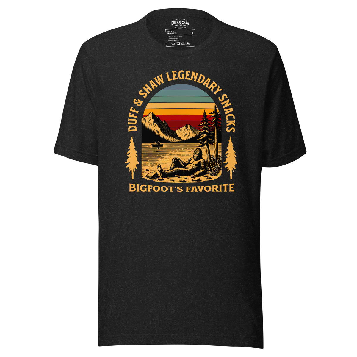 Lakesquatch in black heather unisex T-shirt, front view – Duff & Shaw