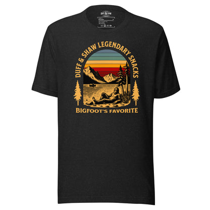 Lakesquatch in black heather unisex T-shirt, front view – Duff & Shaw