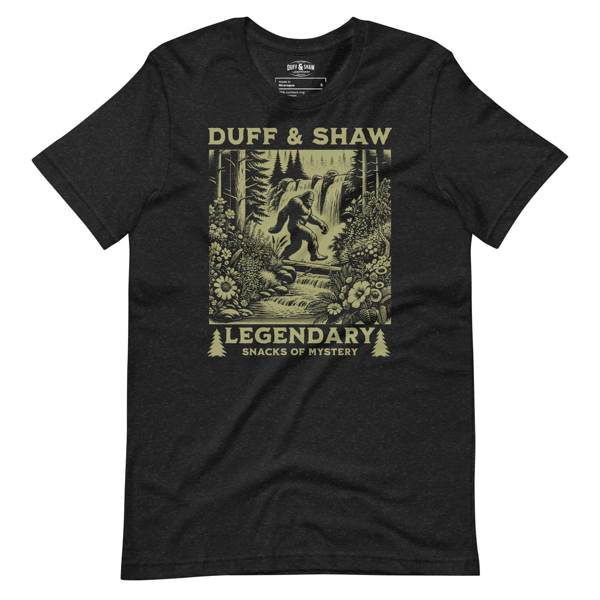 Wilderness Bigfoot in black heather unisex T-shirt, front view – Duff & Shaw