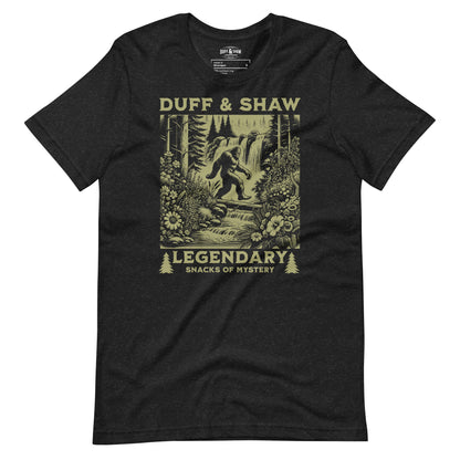 Wilderness Bigfoot in black heather unisex T-shirt, front view – Duff & Shaw