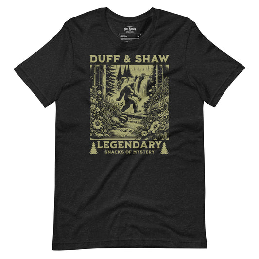 Wilderness Bigfoot in black heather unisex T-shirt, front view – Duff & Shaw