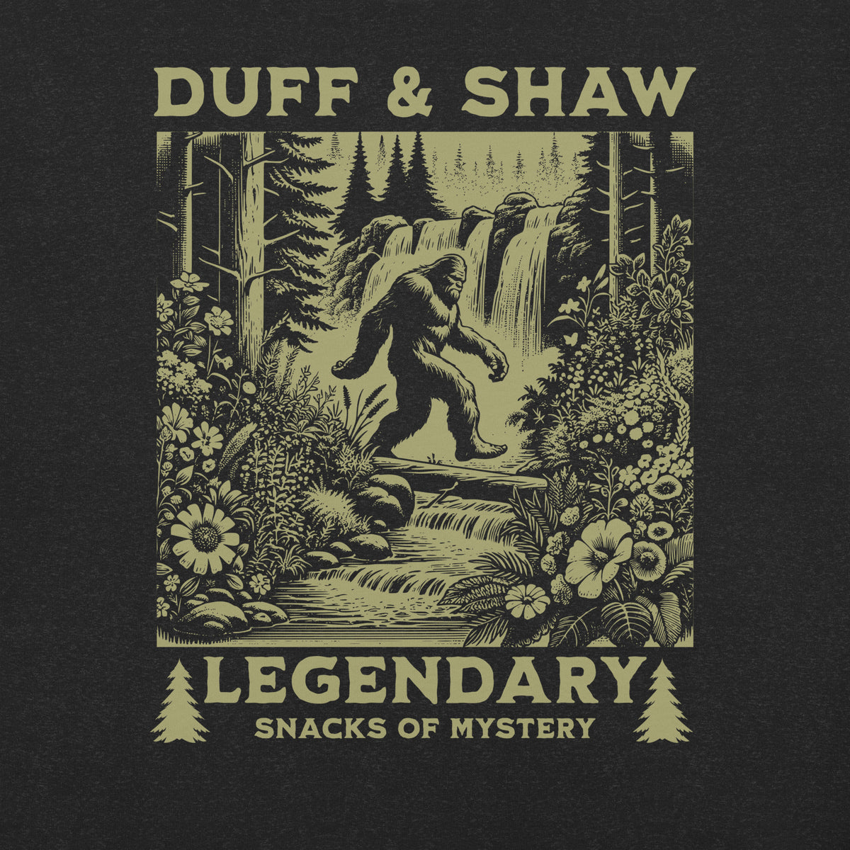 Wilderness Bigfoot in black heather unisex T-shirt, front view – Duff & Shaw
