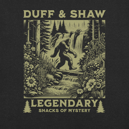 Wilderness Bigfoot in black heather unisex T-shirt, front view – Duff & Shaw