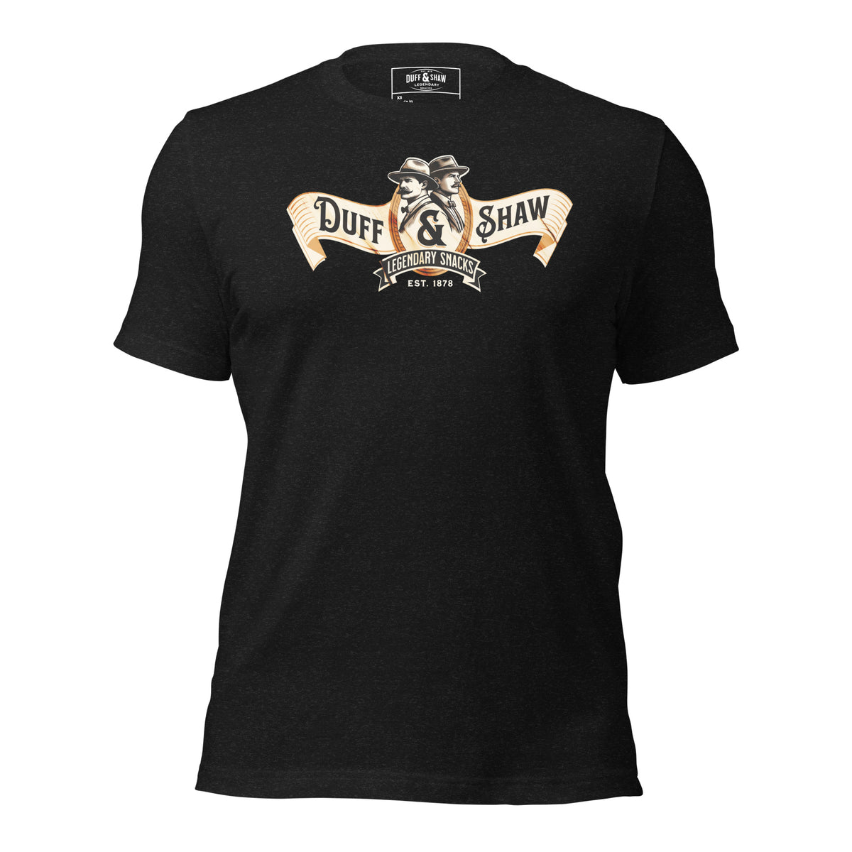 Duff & Shaw - Vintage Logo Shirt in black heather unisex T-shirt, front view – Duff & Shaw