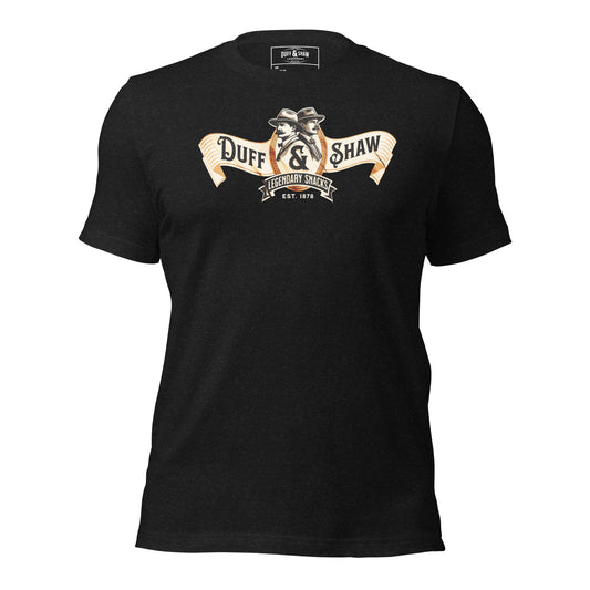 Duff & Shaw - Vintage Logo Shirt in black heather unisex T-shirt, front view – Duff & Shaw