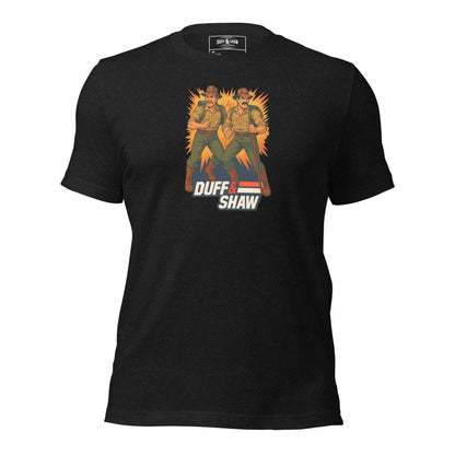 Duff & Shaw - American Hero in black heather unisex T-shirt, front view – Duff & Shaw