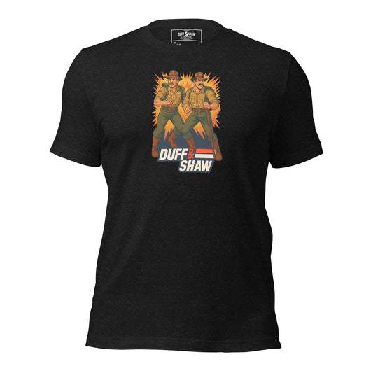Duff & Shaw - American Hero in black heather unisex T-shirt, front view – Duff & Shaw