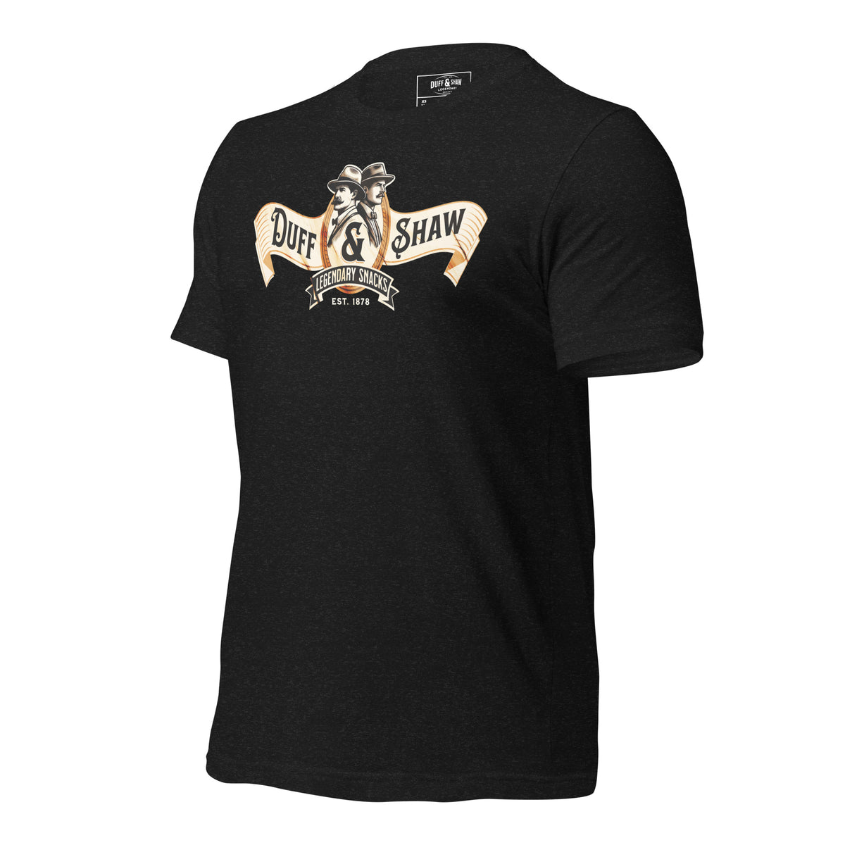 Duff & Shaw - Vintage Logo Shirt in black heather unisex T-shirt, left-front view – Duff & Shaw