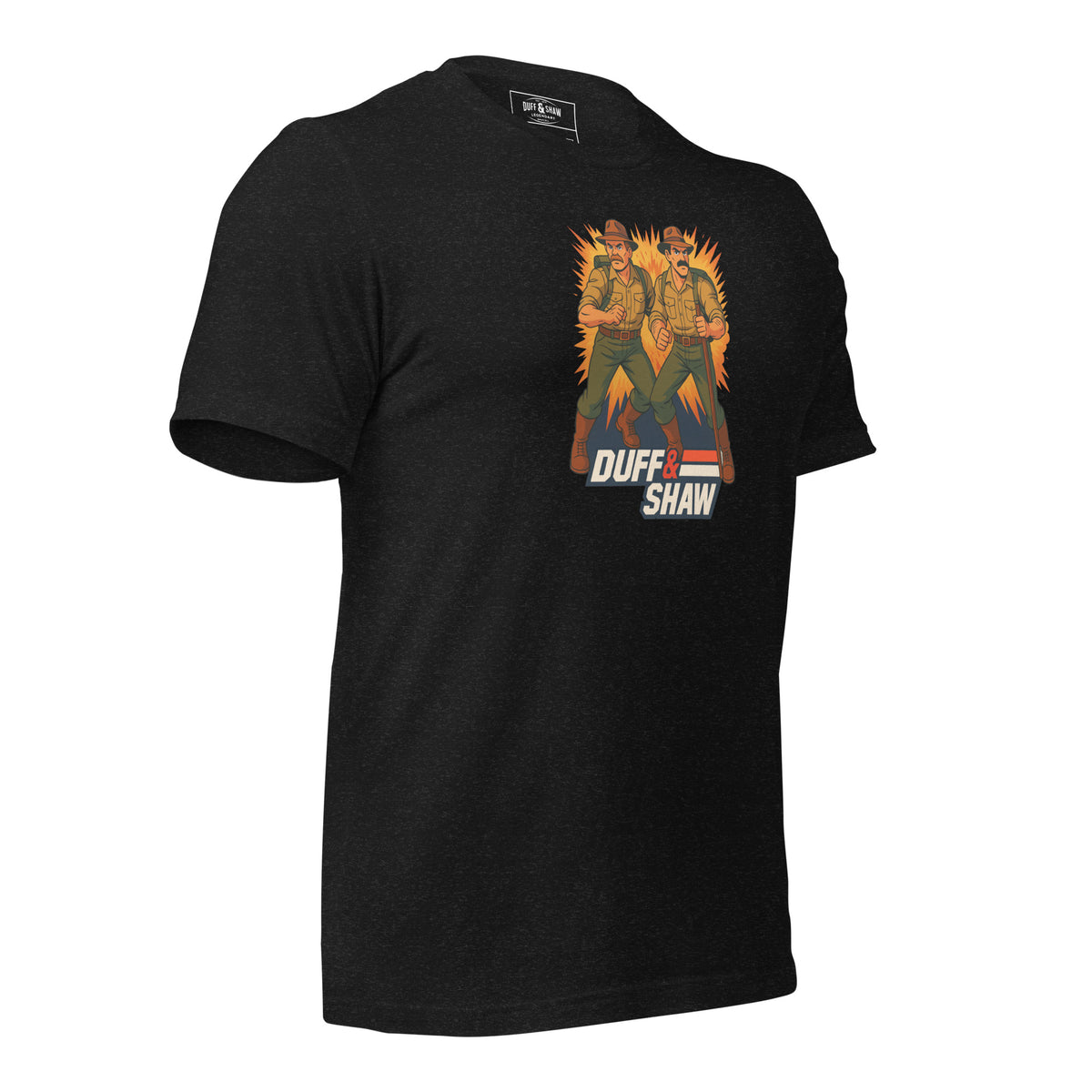 Duff & Shaw - American Hero in black heather unisex T-shirt, right-front view – Duff & Shaw