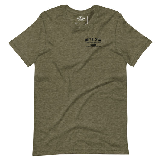 Duff & Shaw Expedition Unisex t-shirt in heather olive unisex T-shirt, front view – Duff & Shaw