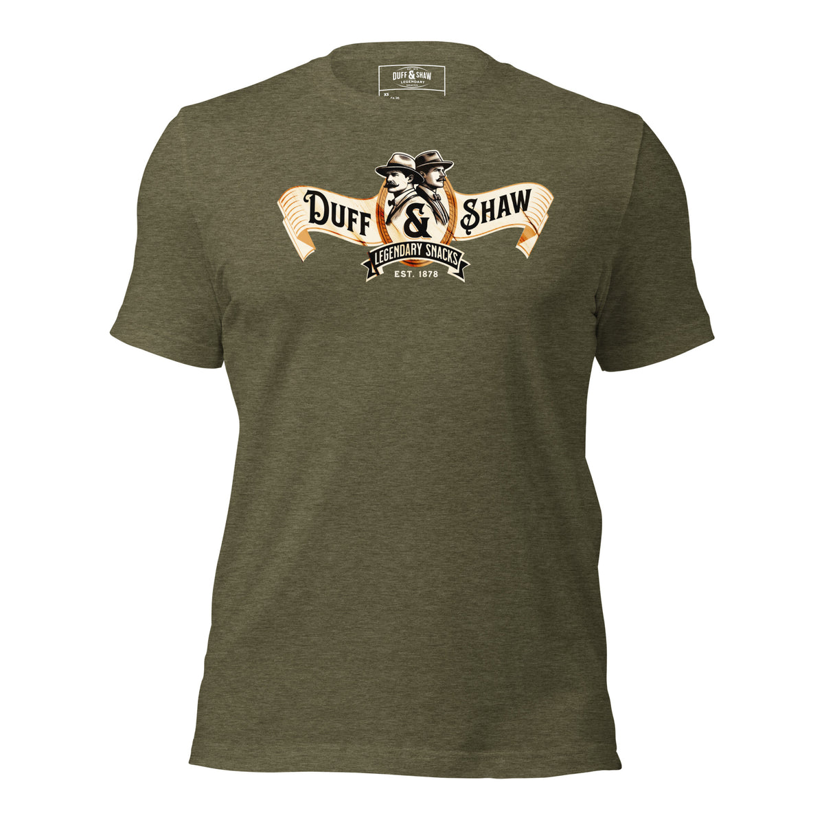 Duff & Shaw - Vintage Logo Shirt in heather olive unisex T-shirt, front view – Duff & Shaw