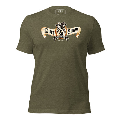 Duff & Shaw - Vintage Logo Shirt in heather olive unisex T-shirt, front view – Duff & Shaw