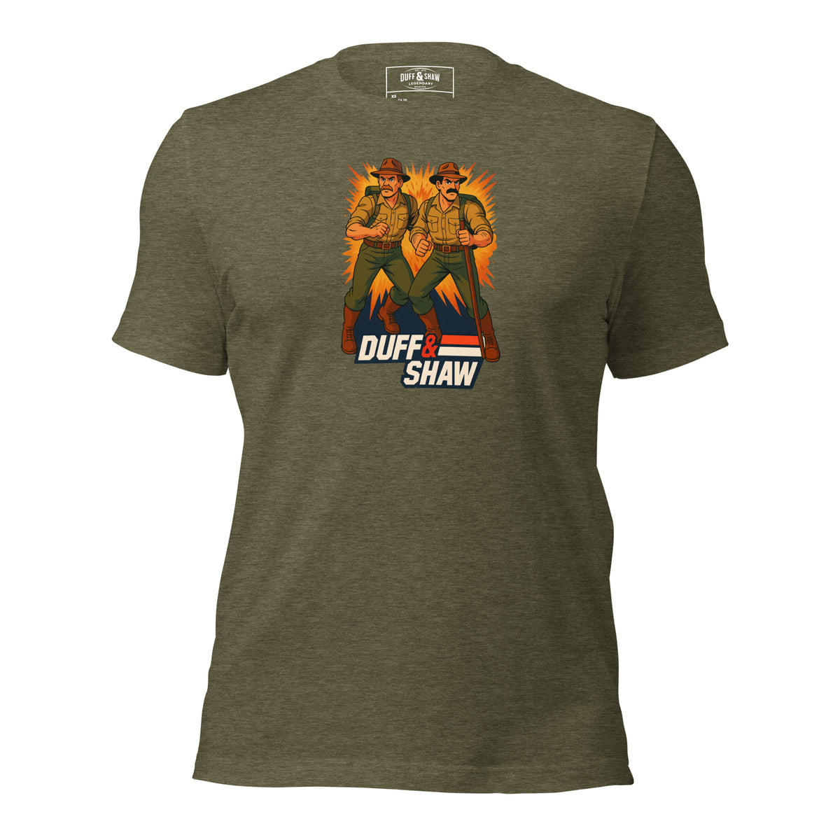 Duff & Shaw - American Hero in heather olive unisex T-shirt, front view – Duff & Shaw