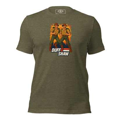 Duff & Shaw - American Hero in heather olive unisex T-shirt, front view – Duff & Shaw