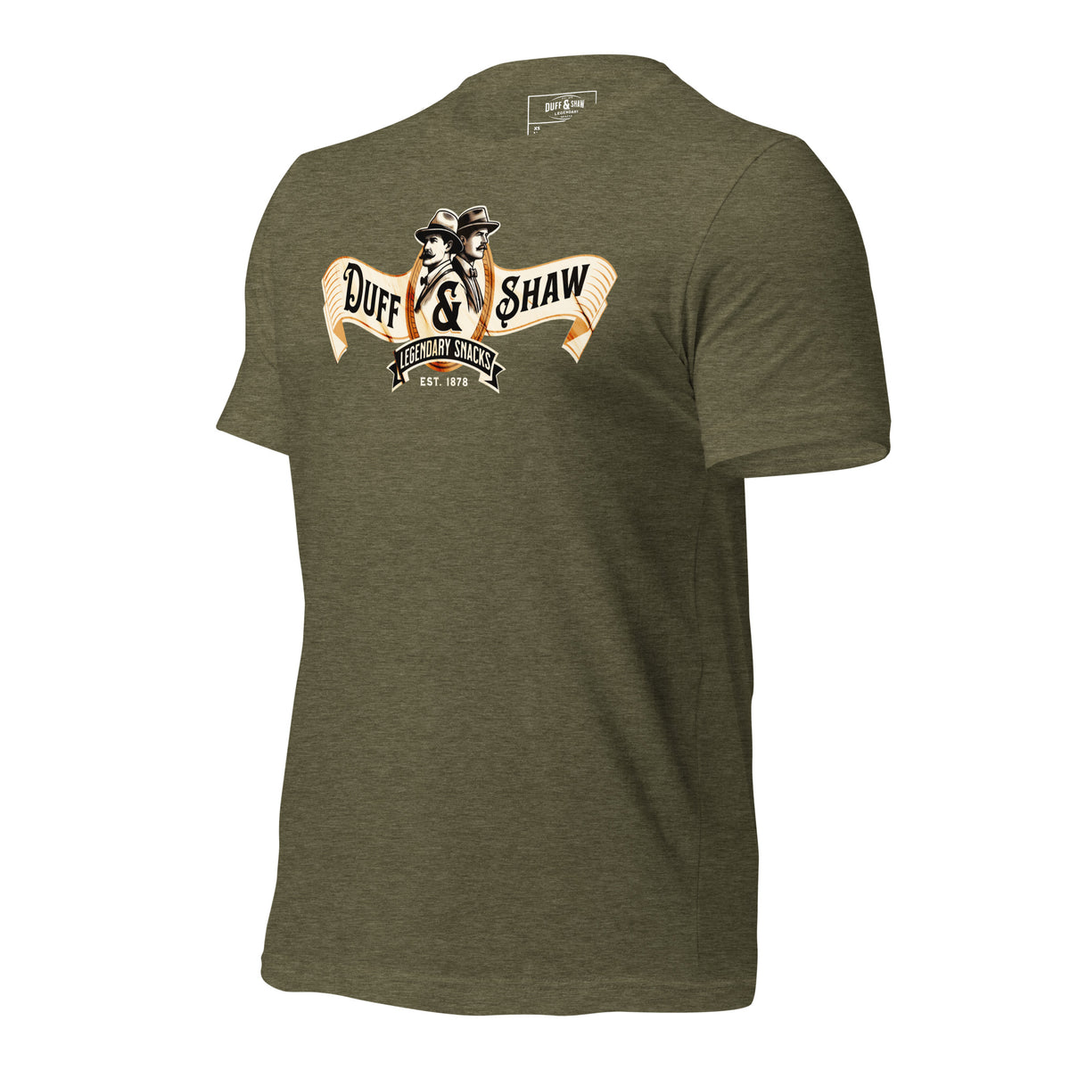 Duff & Shaw - Vintage Logo Shirt in heather olive unisex T-shirt, left-front view – Duff & Shaw